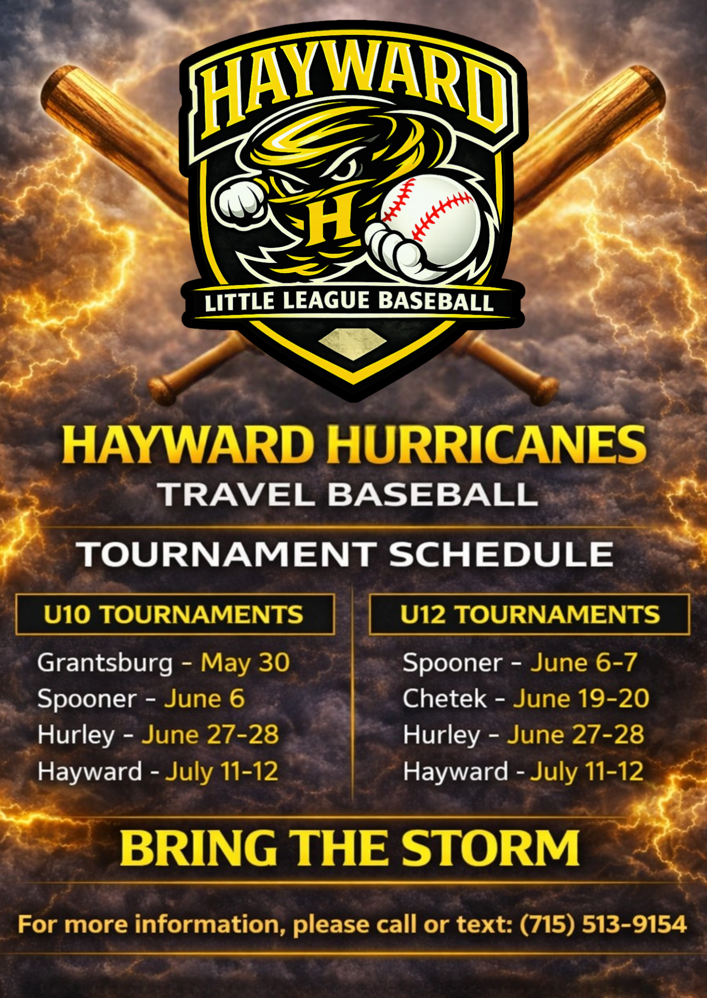 2026 Hayward Hurricanes U12 Travel Tournament Schedule