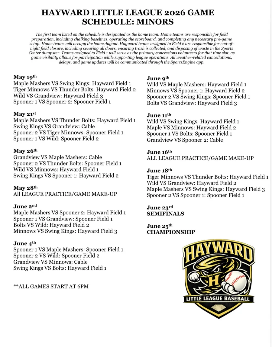Hayward Little League 2026 Minors Game Schedule